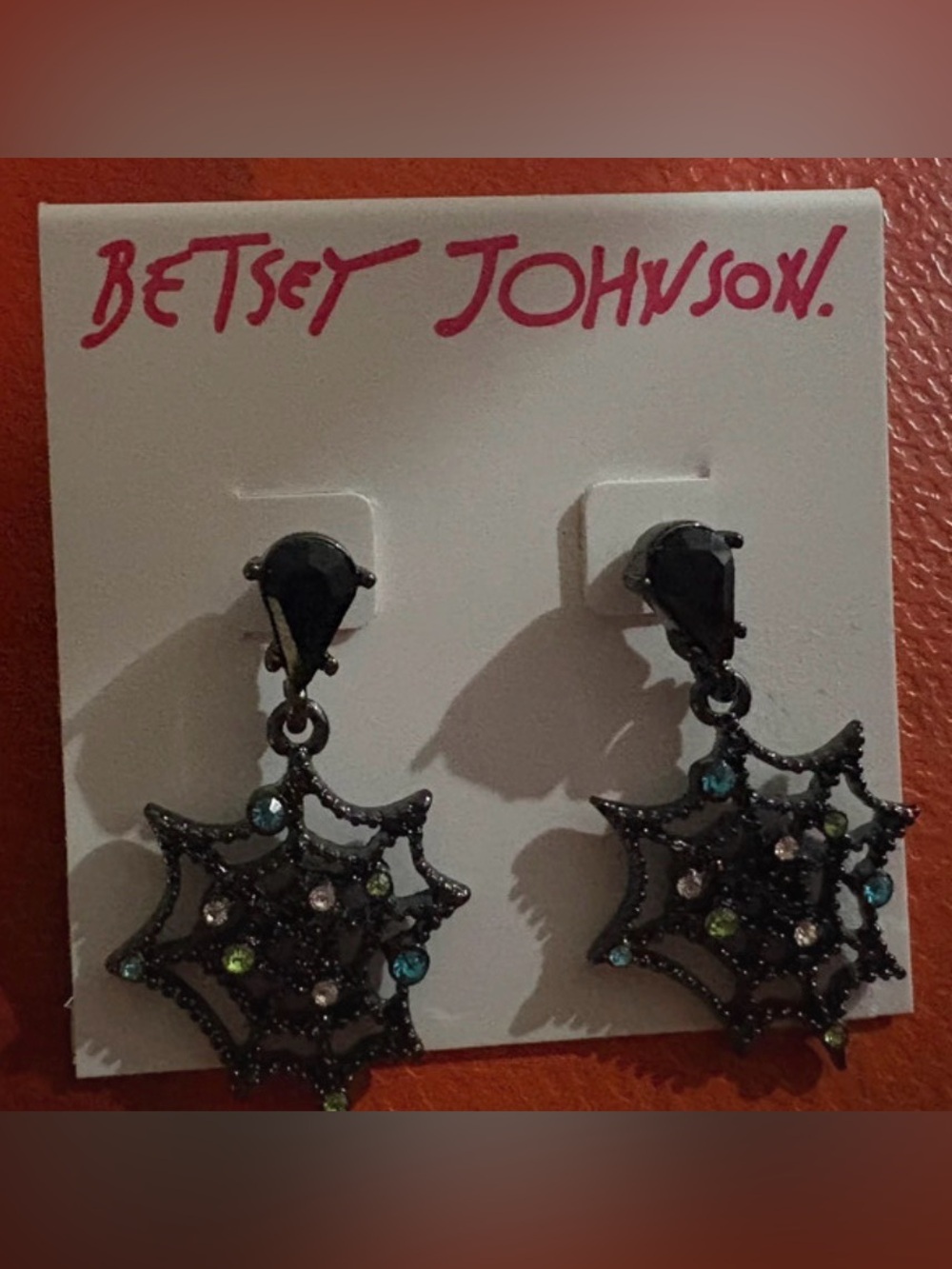 BETSEY JOHNSON Halloween Crystal-Studded Dangle Drop Spider Web Earrings NEW NWT